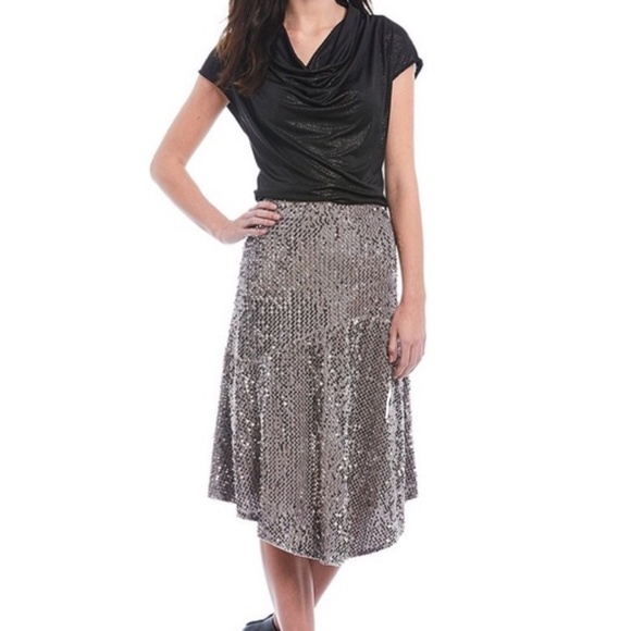 Calvin Klein Black Metallic Shimmer Cowl Drape Neck Stretch Top Blouse - Picture 3 of 9